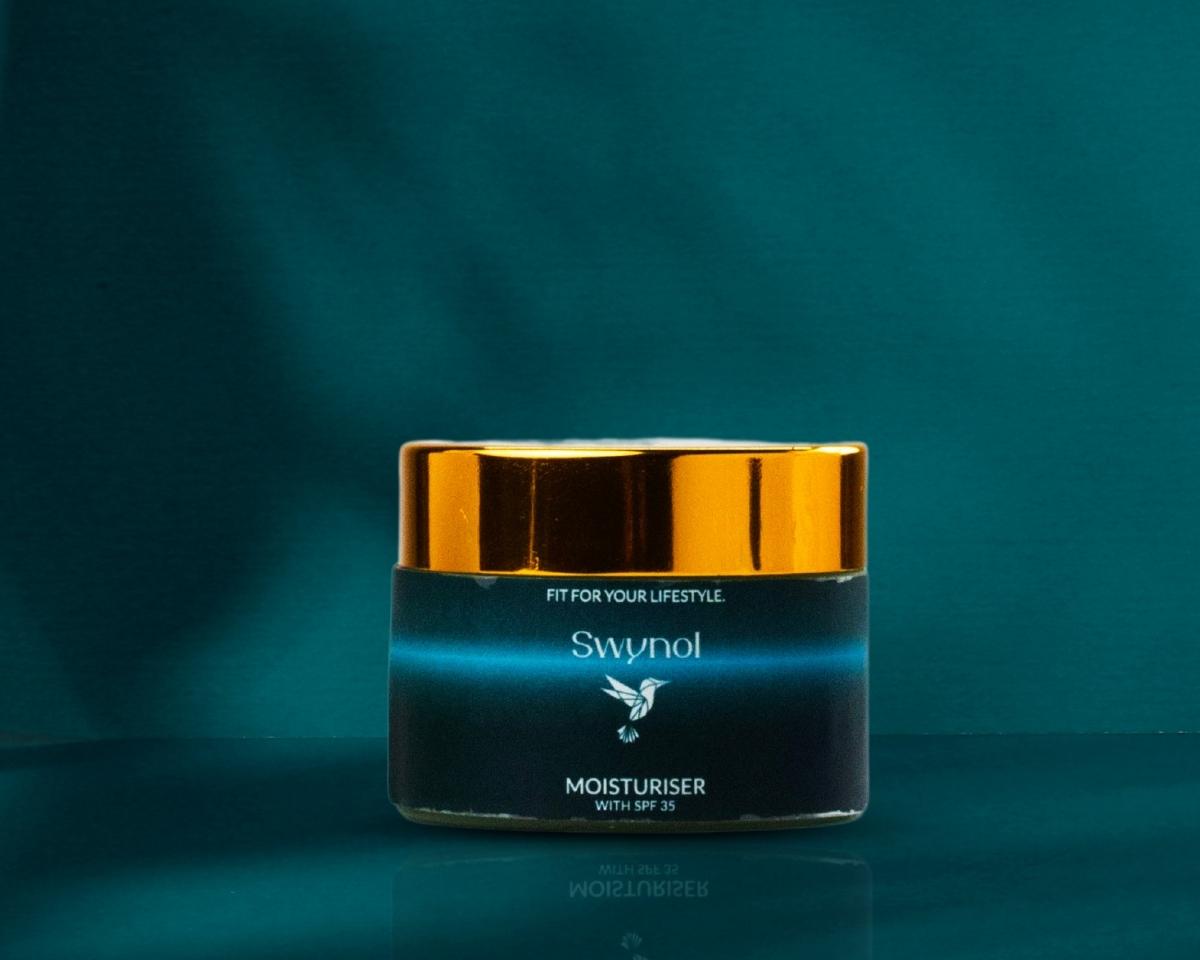 SWYNOL Moisturizer with SPF 35 shown in a sleek, modern design—perfect for daily skincare with sun protection, captured in a bright, aesthetic layout.