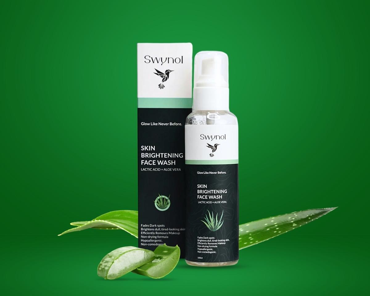 Face Wash with Aloe Vera & Lactic Acid targets acne, dullness, and uneven texture, shown in a clean, minimal product image with its box packaging.