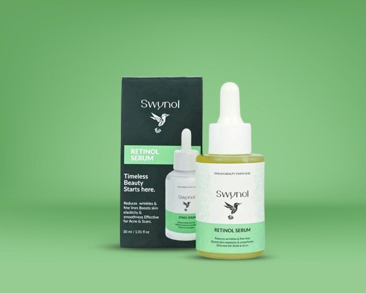 A sleek retinol serum bottle stands beside its branded box, showcasing minimalist skincare packaging in a clean, professional display setup.designed to target fine lines, wrinkles, uneven skin tone, and signs of aging for smoother, rejuvenated skin.