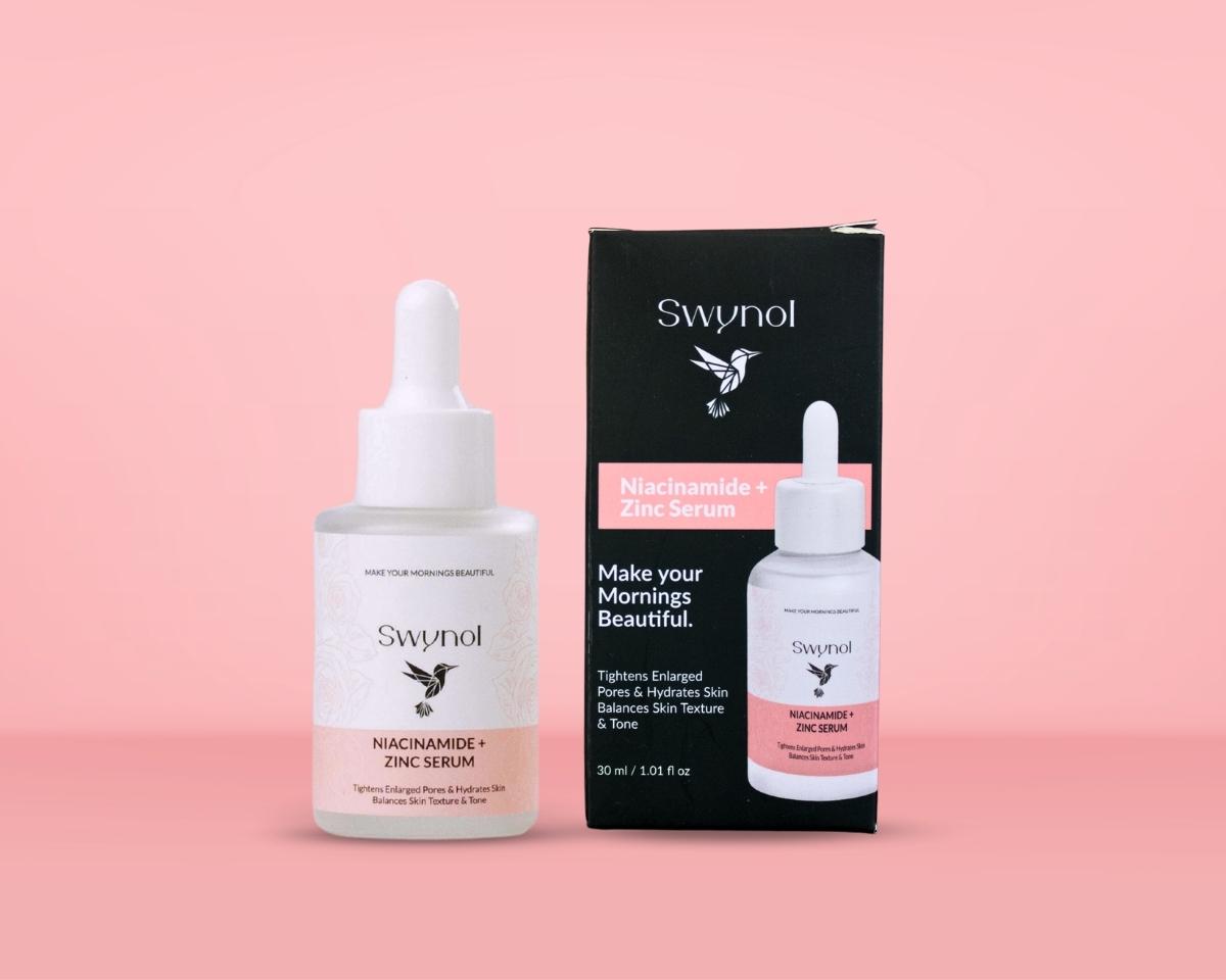 A sleek bottle of Niacinamide + Zinc Serum with Hyaluronic Acid stands beside its box, highlighting minimalist, professional skincare packaging.- formulated to visibly reduce acne, minimize pores, and control excess oil for clearer, balanced skin.