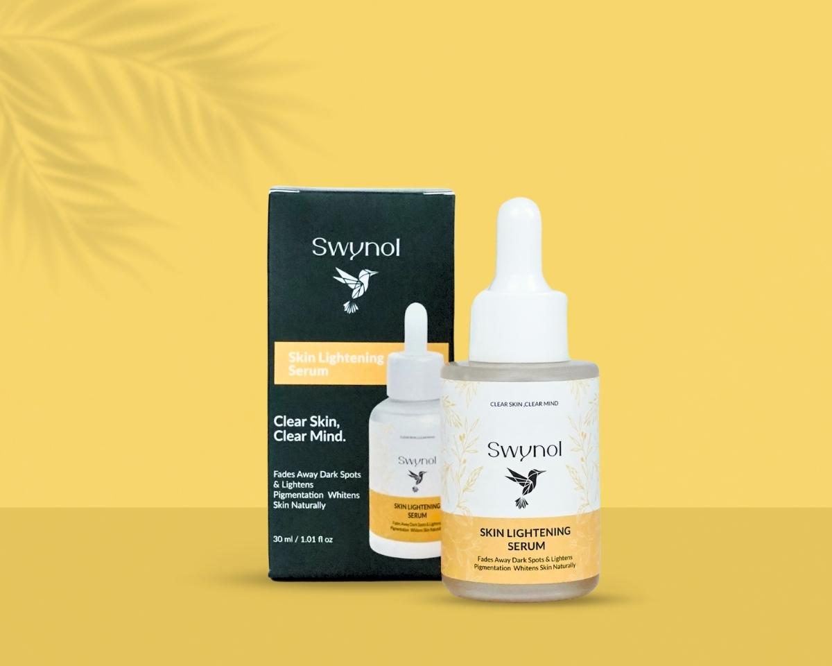 Swynol serum bottle and box on yellow background; enriched with mulberry extract to brighten, hydrate, and even skin tone for a radiant, smooth glow.