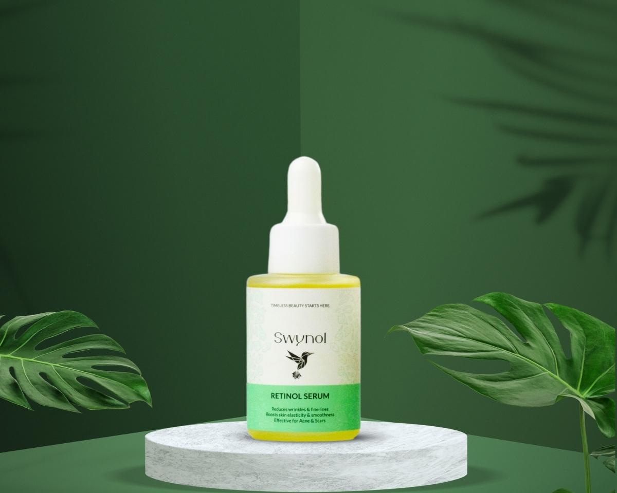 A sleek retinol serum bottle is elegantly placed for display, showcasing its premium packaging and highlighting its role in a professional skincare routine.