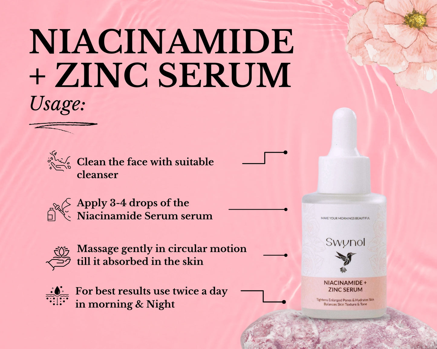 A clear serum bottle featuring Niacinamide, Zinc, and Hyaluronic Acid, placed beside its box—designed for brightening, hydration, and smooth skin.