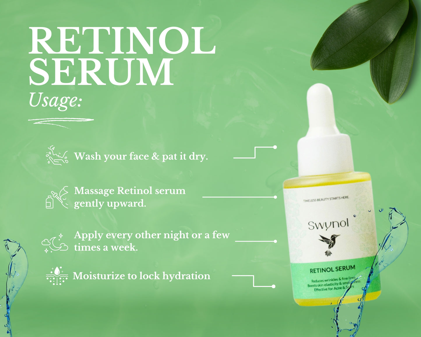 A sleek Retinol serum bottle shown alongside clear skin effectiveness stats, highlighting visible results like reduced wrinkles and improved texture.