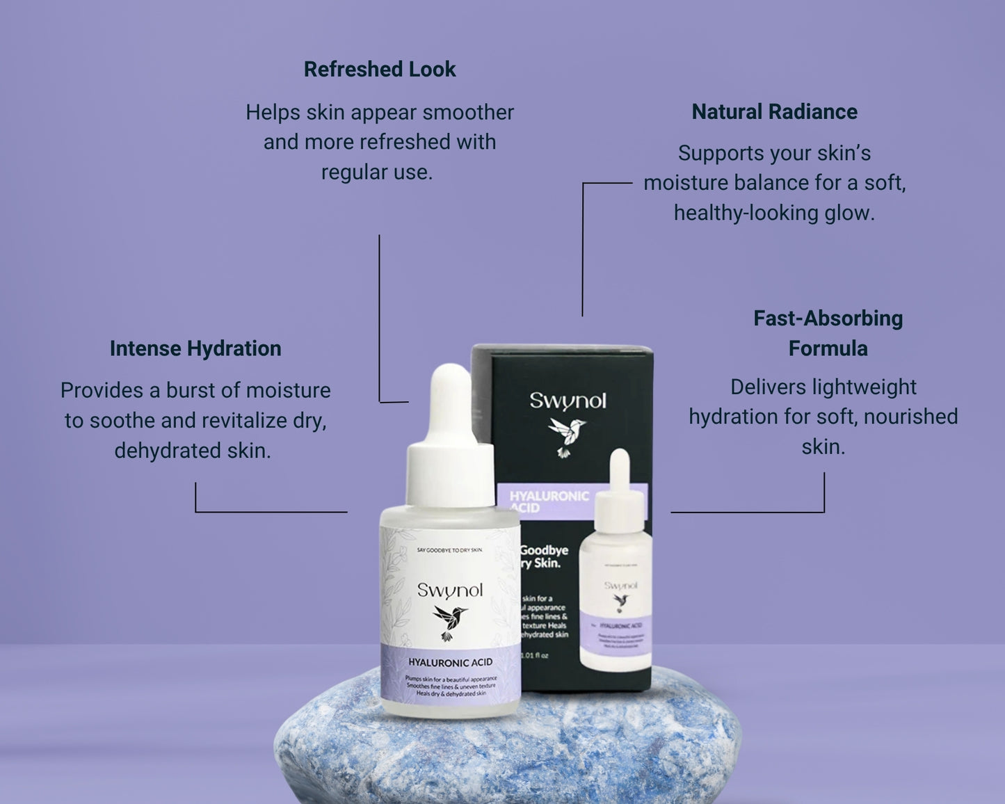 A clear serum bottle labeled Pure Hyaluronic Acid is displayed with listed skincare benefits like hydration, plumping, and smooth skin results.