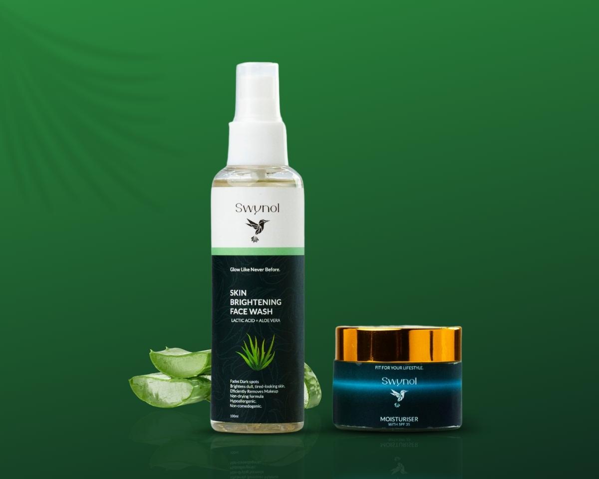 The Daily Glow Duo includes a hydrating Aloe Vera face wash and SPF35 moisturizer to cleanse, nourish, and shield skin from dryness, dullness, and UV damage.