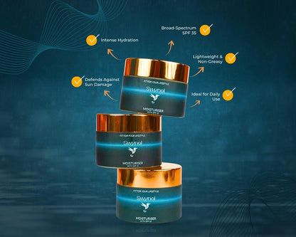 Image of SWYNOL Moisturizer with SPF 35, highlighting its benefits like sun protection, oil control, hydration, and acne prevention for healthy, glowing skin.