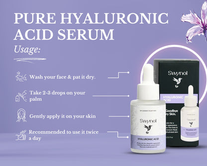 Pure Hyaluronic Acid Serum bottle shown with benefits like deep hydration, plump skin, and smooth texture—ideal for radiant, healthy-looking skin.