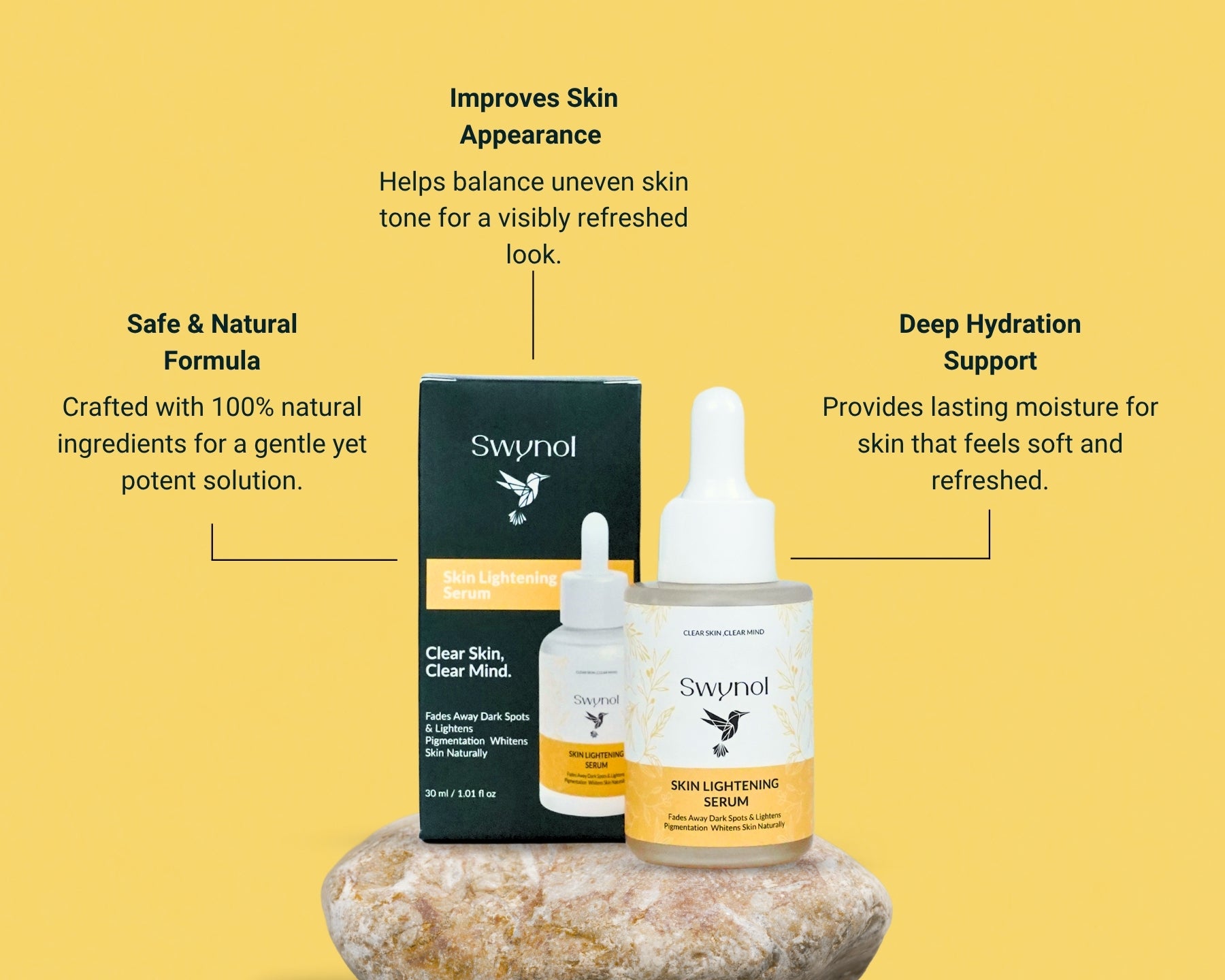 A product image of Skin Lightening Serum with Mulberry Extract, highlighting its brightening, hydrating, and skin-tone evening benefits.