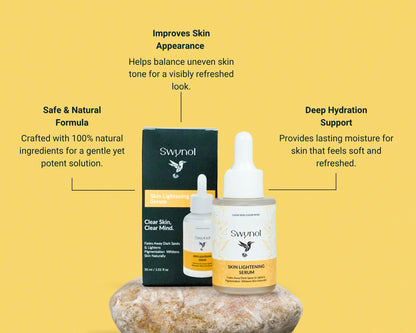 A product image of Skin Lightening Serum with Mulberry Extract, highlighting its brightening, hydrating, and skin-tone evening benefits.