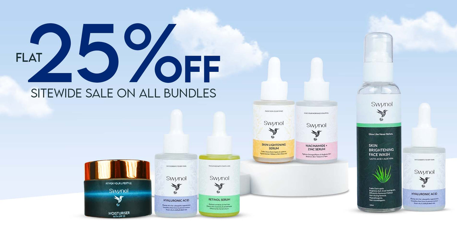 Smiling woman applying cream with Swynol skincare products including serums, moisturiser, and facewash.